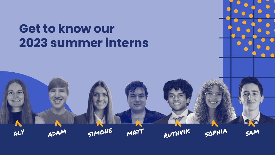 Graphic introducing the 2023 summer interns with seven individuals named Aly, Adam, Simone, Matt, Ruthvik, Sophia, and Sam, displayed in a row with a stylized background.