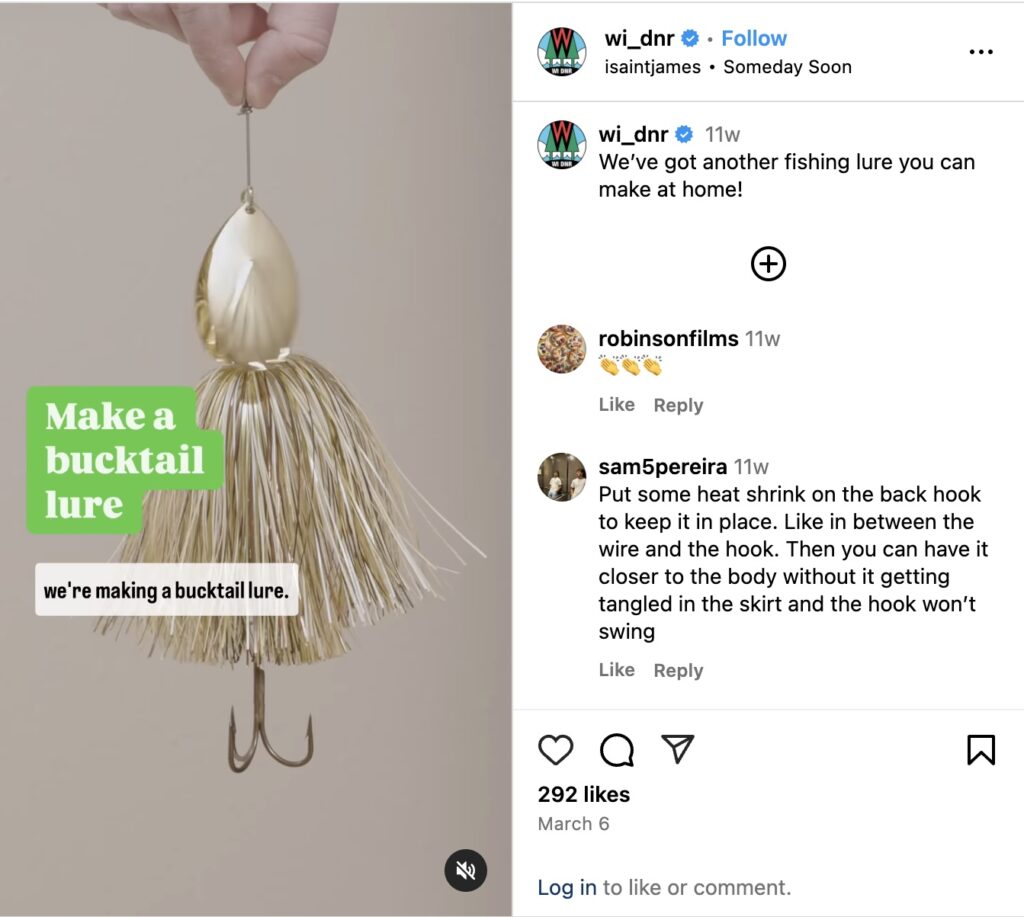 Instagram reel showing a fishing lure made from tassels with text "Make a bucktail lure."