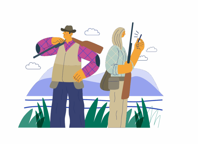 Illustration of two hunters standing back to back in an outdoor setting with mountains and clouds in the background. One holds a rifle and a mobile phone, while the other carries a rifle over their shoulder and uses a whistle.