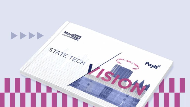 Cover image of a report titled "State Tech Vision" by MeriTalk and PayIt, featuring a white background with stylized graphics of a government building and pink-blue visual elements.