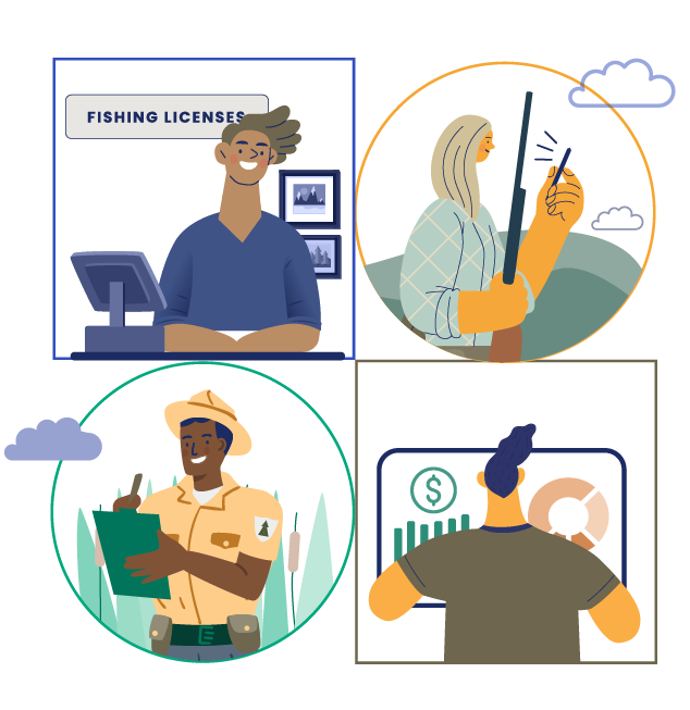 Illustration divided into four quadrants: a person selling fishing licenses at a counter, a hunter holding a rifle and a phone, a park ranger writing on a clipboard in a natural setting, and a person analyzing financial charts on a screen.