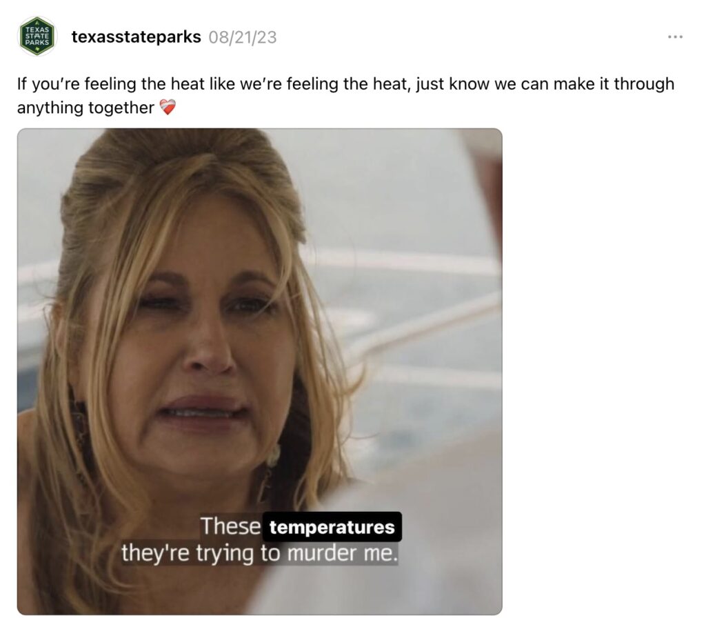 Threads post from Texas State Parks showing Jennifer Coolidge playing Tanya McQuoid on The White Lotus, with the caption: 'These temperatures, they're trying to murder me.' The post text reads: 'If you're feeling the heat like we're feeling the heat, just know we can make it through anything together ❤️.'