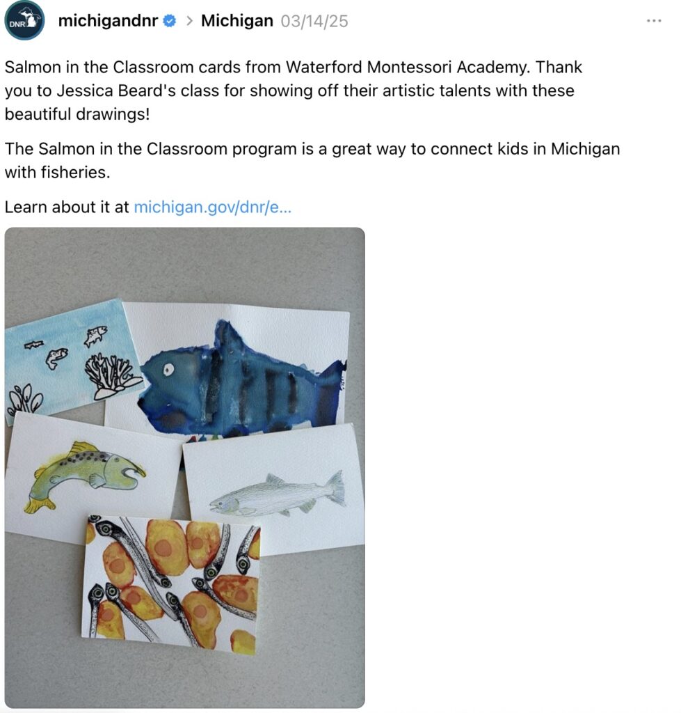 Threads post from Michigan DNR featuring educational illustrations of fish and a thank-you to conservation students.