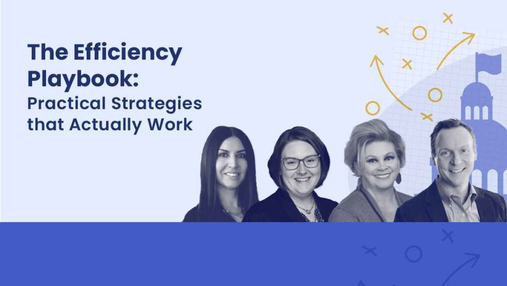 Webinar banner titled 'The Efficiency Playbook: Practical Strategies that Actually Work' featuring four panelists and illustrated strategy icons.