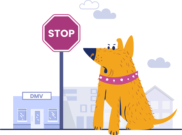 A guard dog sits by a stop sign outside a DMV