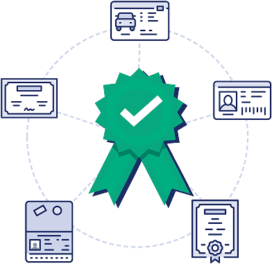 A green award with a checkbox emblazoned on it and surrounded by documents such as a driver's license
