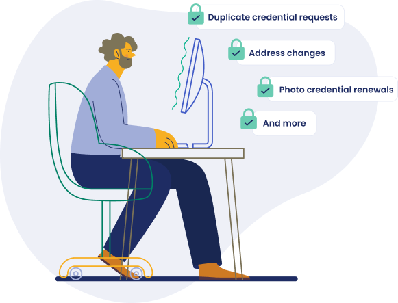A man using a computer and there are popups with locks on them that say Duplicate credential request, Address changes, Photo credential renewals, and the final popup says and more