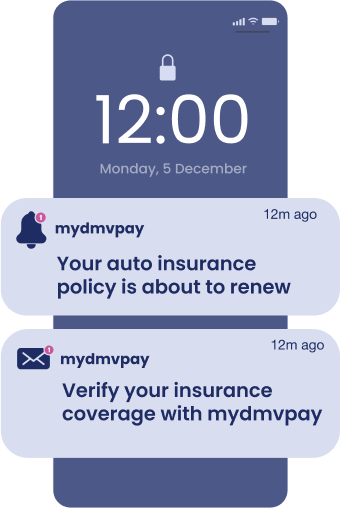 A phone screen with an alert from mydmvpay