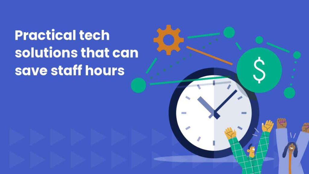Illustration of a clock surrounded by dollar and gear icons, with the text 'Practical tech solutions that can save staff hours' and raised hands celebrating below.