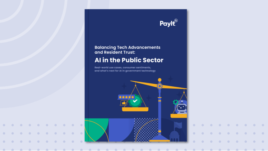 Cover of a white paper titled “Balancing Tech Advancements and Resident Trust: AI in the Public Sector.” Features a balance scale with a human and trust symbols on one side and a robot on the other, with the robot side lower.