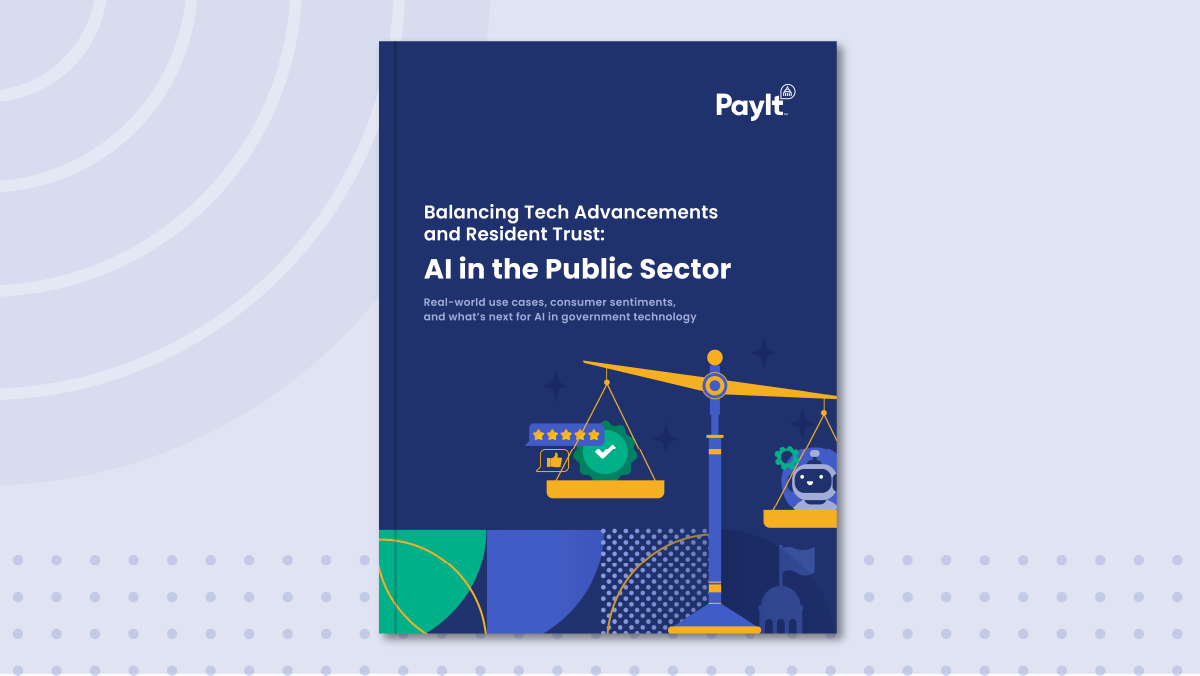 Cover of a white paper titled “Balancing Tech Advancements and Resident Trust: AI in the Public Sector.” Features a balance scale with a human and trust symbols on one side and a robot on the other, with the robot side lower.