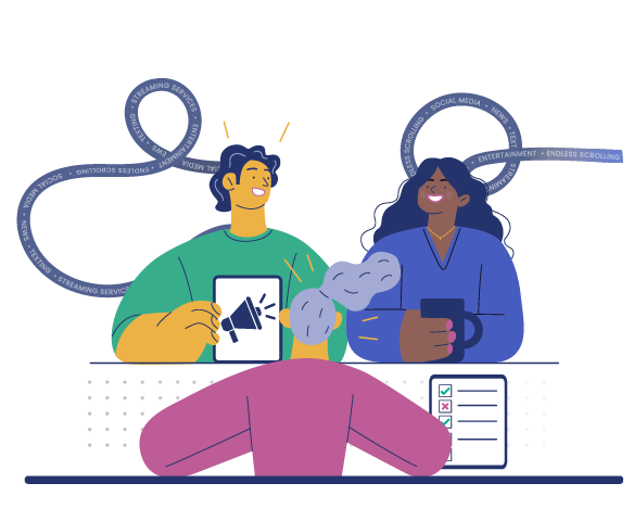 Illustration of a person seated in front of two others holding digital devices, with swirling distraction words like “news,” “social media,” “entertainment,” and “endless scrolling” surrounding them. A checklist sits on the desk, and one person displays a tablet with a megaphone icon.