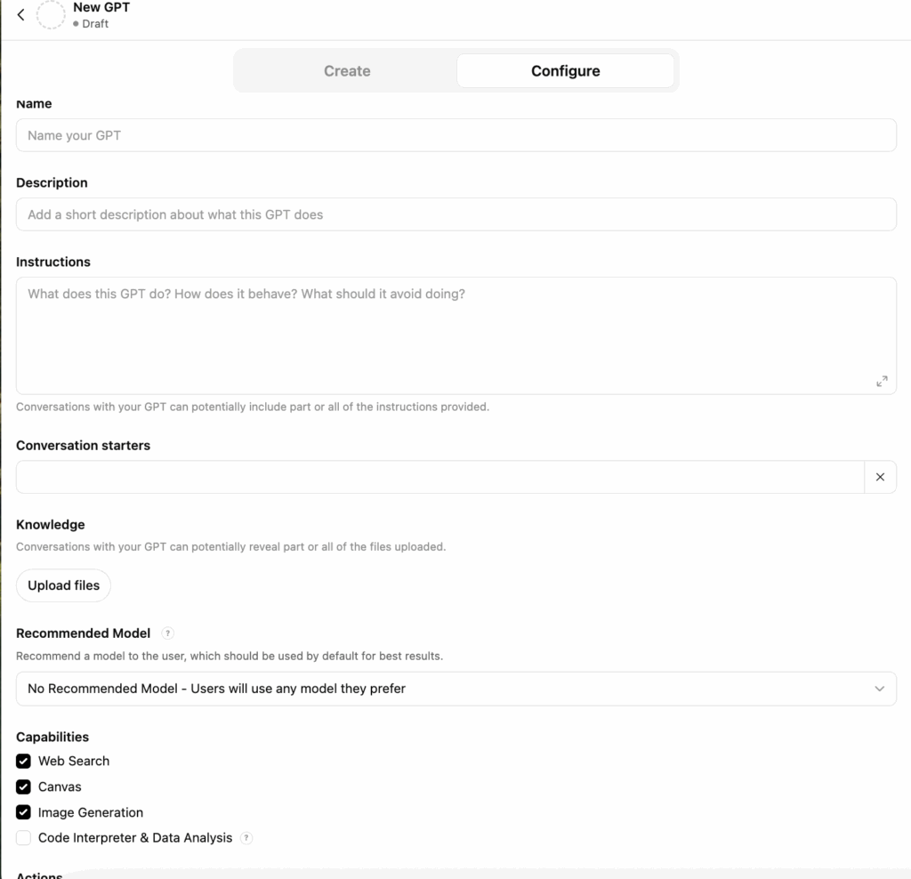 Screenshot of the New GPT configuration in ChatGPT.