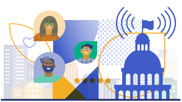 Illustration showing three resident avatars above a five-star rating. A government building with signal lines is on the right, and the background includes city buildings and abstract communication elements.
