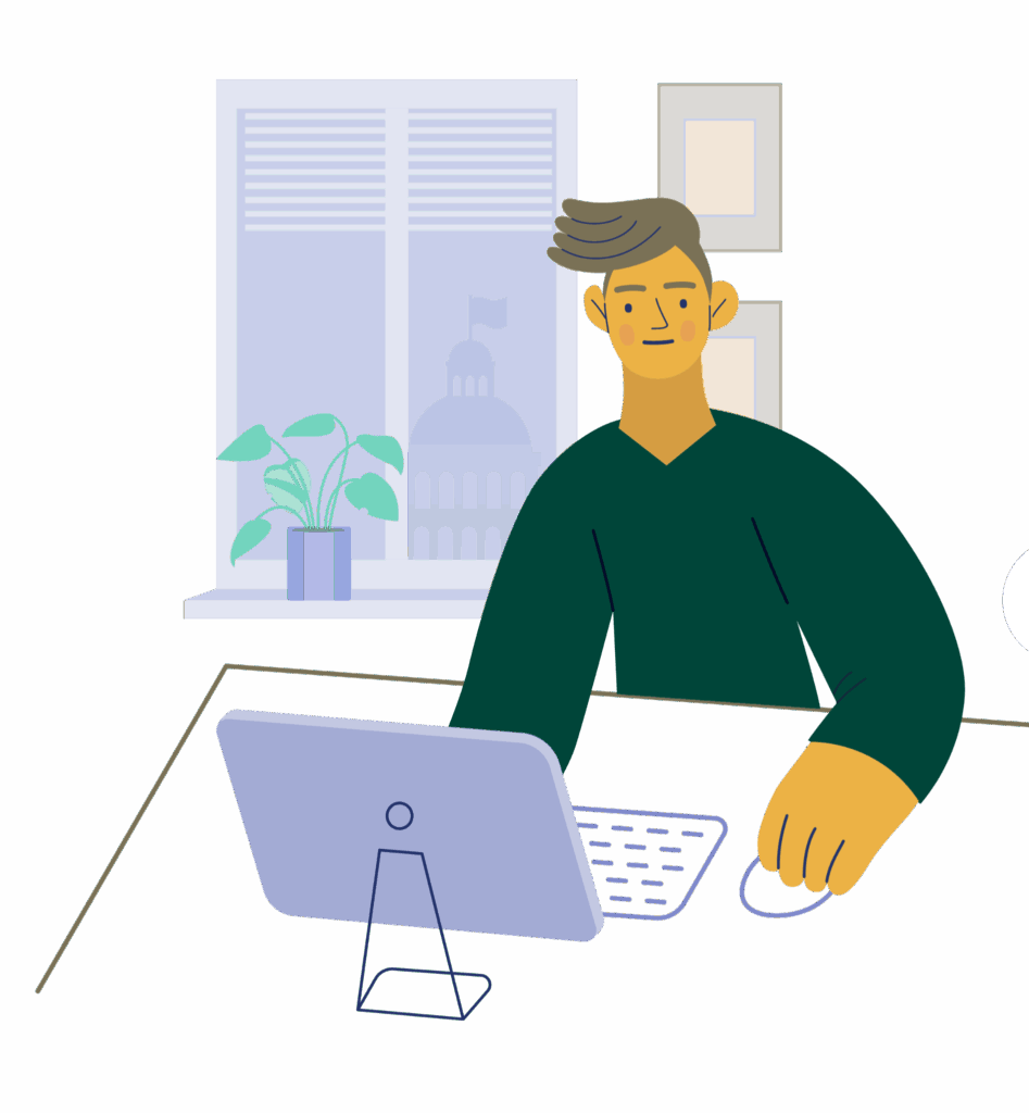 Illustration of a man sitting at a desk using a computer mouse and desktop monitor. Behind him is a window with a potted plant on the sill and the silhouette of a government building visible through the glass.