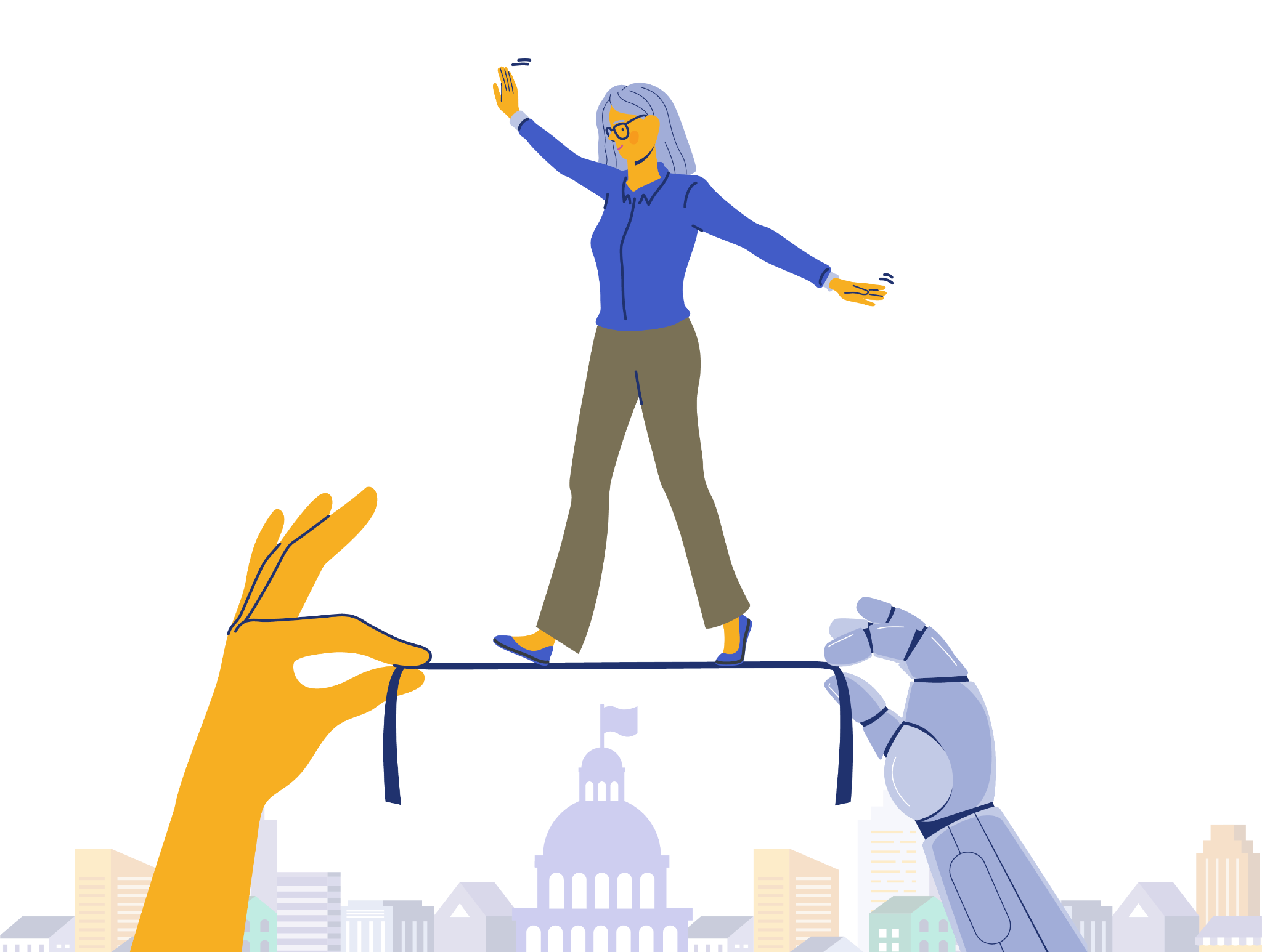 Illustration of a woman walking a tightrope held by a human hand and a robotic hand above a city skyline with a government building,  representing the balance between human and AI collaboration in public service.