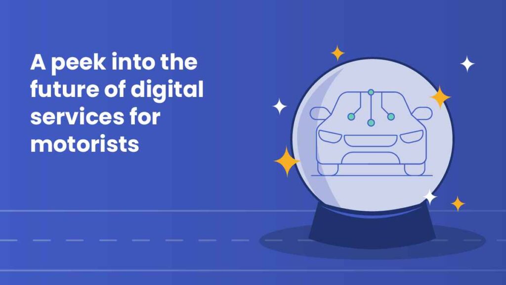 Graphic showing a car inside a crystal ball with digital circuit lines, alongside text reading “A peek into the future of digital services for motorists.