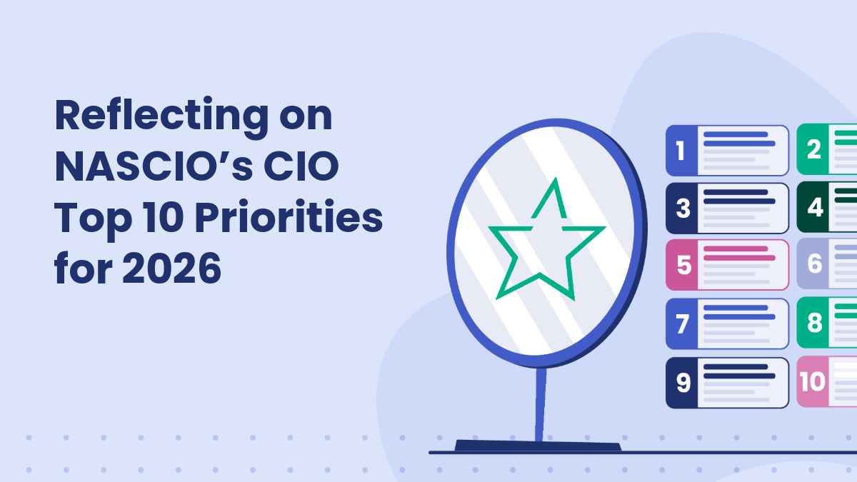 Graphic with the text “Reflecting on NASCIO’s CIO Top 10 Priorities for 2026,” shown beside an illustrated mirror with a star and a colorful list of ten numbered priorities.