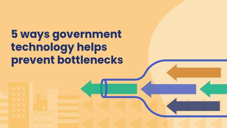 Graphic with the text “5 ways government technology helps prevent bottlenecks,” featuring arrows merging and flowing across a cityscape background.