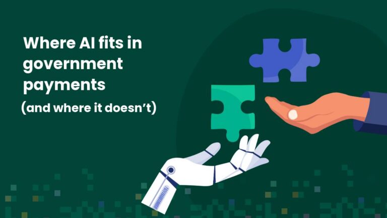 Illustration showing where AI fits in government payments, featuring a robotic hand and a human hand assembling puzzle pieces, representing collaboration between technology and public sector teams; relevant for CIOs, finance directors, digital transformation leaders, and government IT managers.