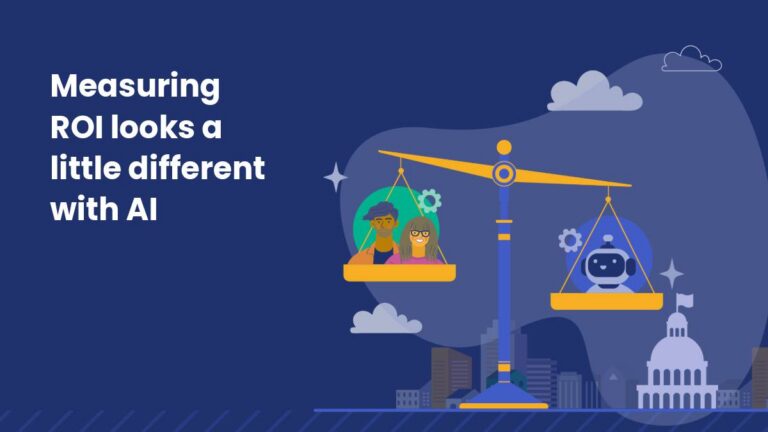 Illustration with the text “Measuring ROI looks a little different with AI” beside a balance scale weighing two people on one side and a robot on the other, with a city skyline and capitol building in the background.