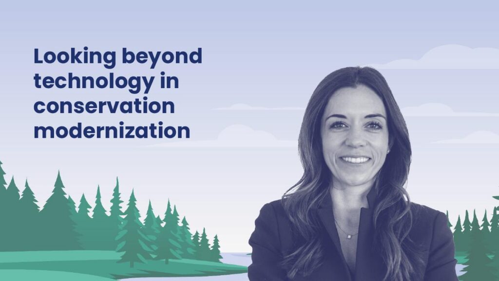 Photo of Jean Nobile, over an illustration of a lake.