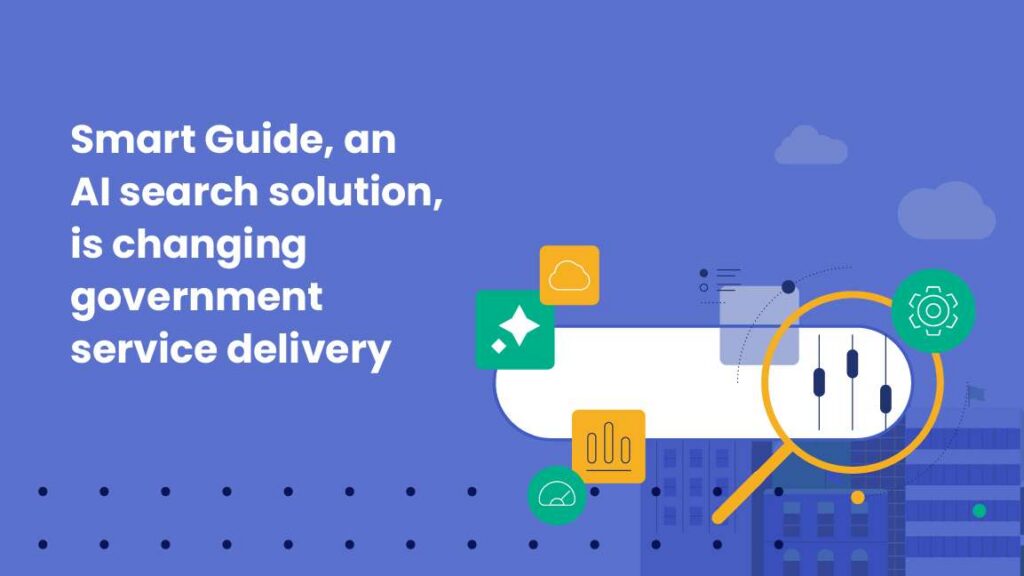 Illustration of an AI-powered search interface with filters, analytics icons, and a magnifying glass over a cityscape, representing improved digital service delivery for government agencies. Smart Guide helps government CIOs, IT directors, and digital services managers improve how residents find and access services.