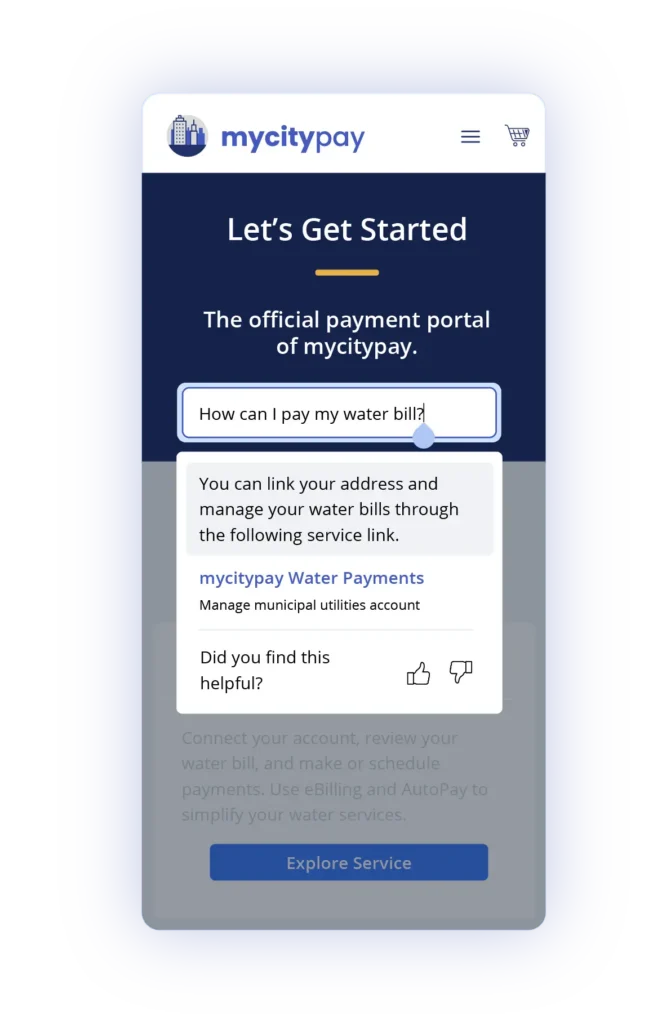 Mobile screen showing a municipal payment portal with an AI search bar answering a question about paying a water bill and linking to water payment services.