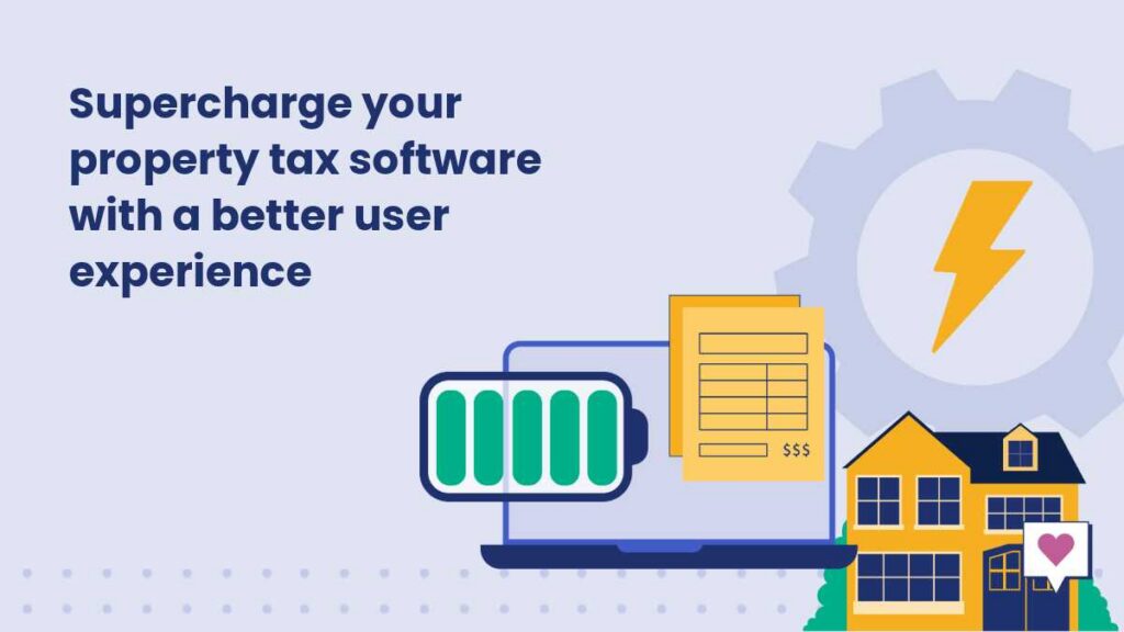 Illustration of property tax software on a laptop with billing documents, a home icon, and a charging battery symbol, representing improved user experience and efficiency for county tax assessors, tax collectors, finance directors, and municipal IT leaders.