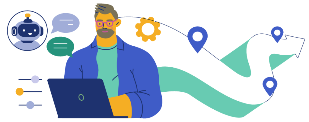 Illustration of a person using a laptop with AI, integration, and workflow icons representing AI readiness.