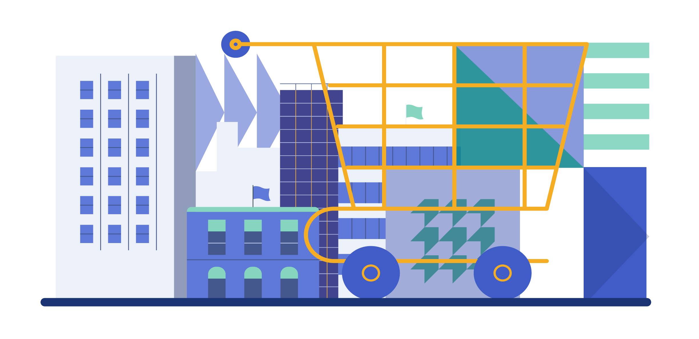 A stylized illustration of a city block with government and commercial buildings, overlaid by a large shopping cart filled with boxes and check marks, symbolizing digital transactions and streamlined government payment services within an urban environment.