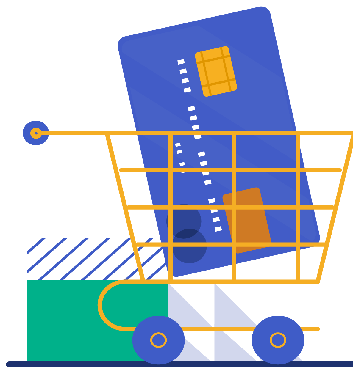 Illustration of a credit card in a shopping cart representing digital payment options.