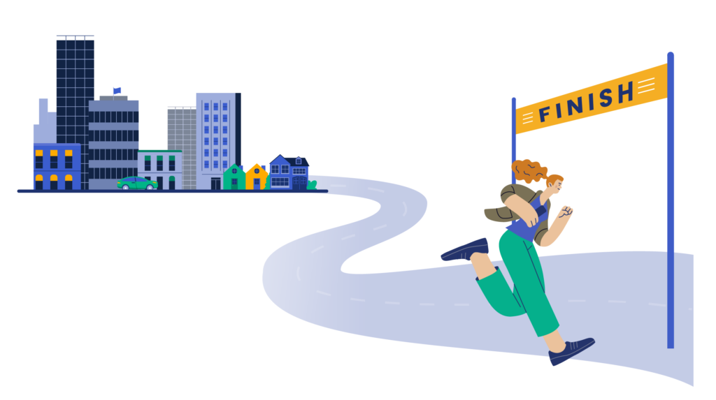 Runner crossing a finish line along a winding path symbolizing planning toward a desired outcome.