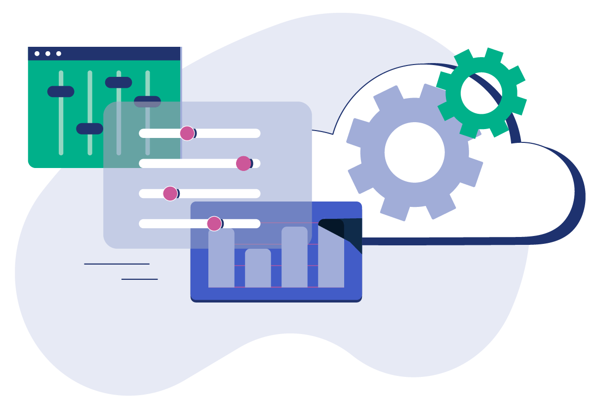 Illustration of cloud-based software with dashboards and gears representing SaaS infrastructure and automation.