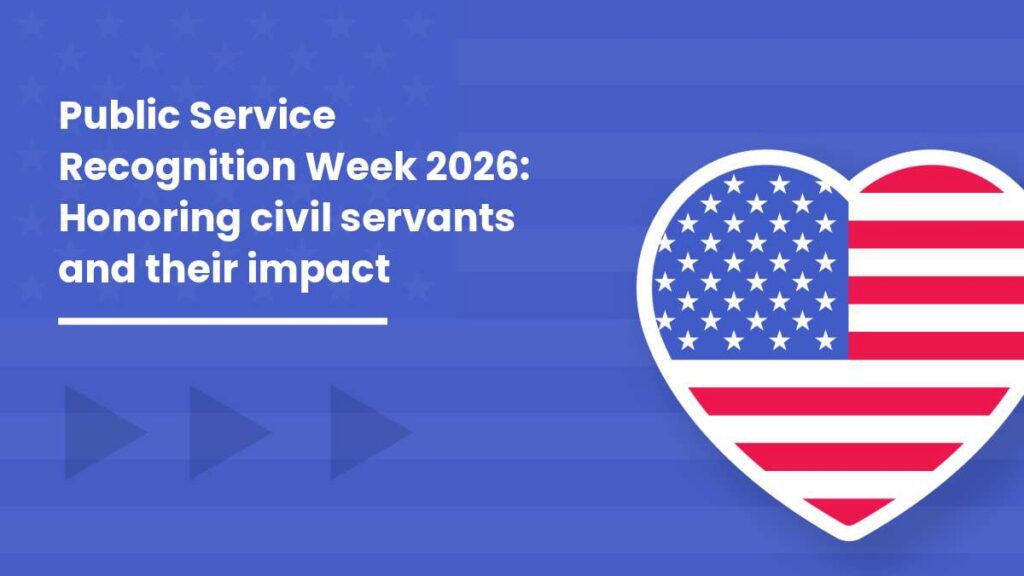 Public Service Recognition Week 2026 graphic with white text on a blue background and a heart-shaped American flag icon.