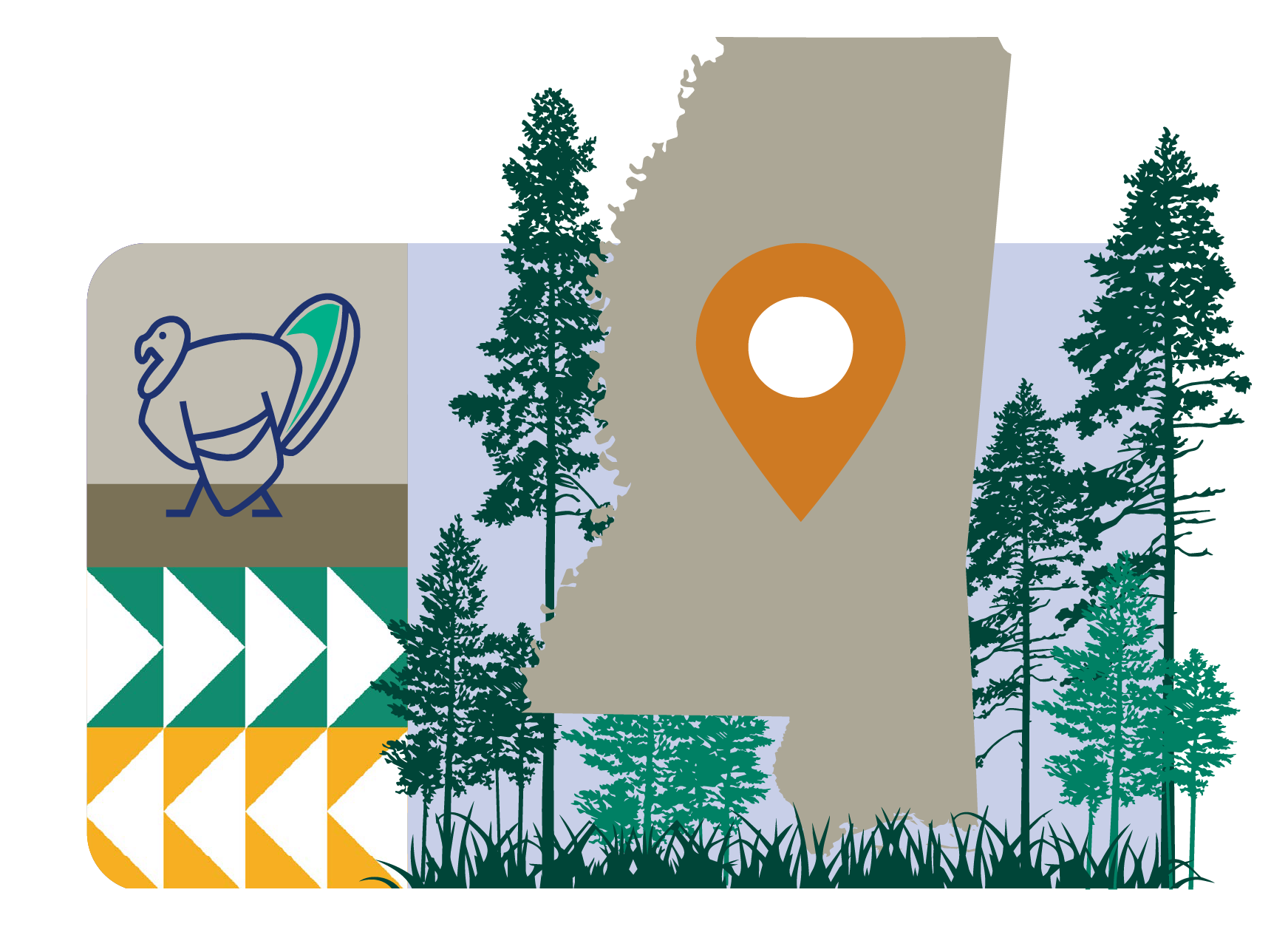 An illustration of a wild turkey, an outdoors-icon grid, and the state of Mississippi marked with a location pin set against a green field.