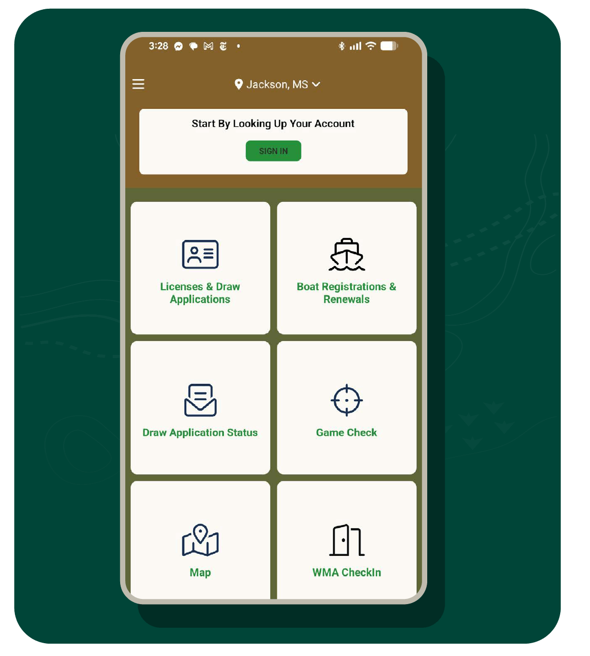 The PayIt Outdoors mobile app for Mississippi, showing tiles for Licenses & Draw Applications, Boat Registrations & Renewals, Draw Application Status, Game Check, Map, and WMA Check-in.
