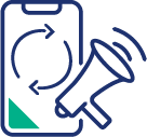 Line icon of a phone with refresh arrows and a megaphone.