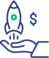 A rocket lifting off above an open hand, beside a dollar symbol.