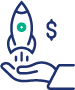 A hand lifting a rocket with a dollar sign.