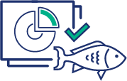 Line icon of a monitor with a pie chart, checkmark, and fish.