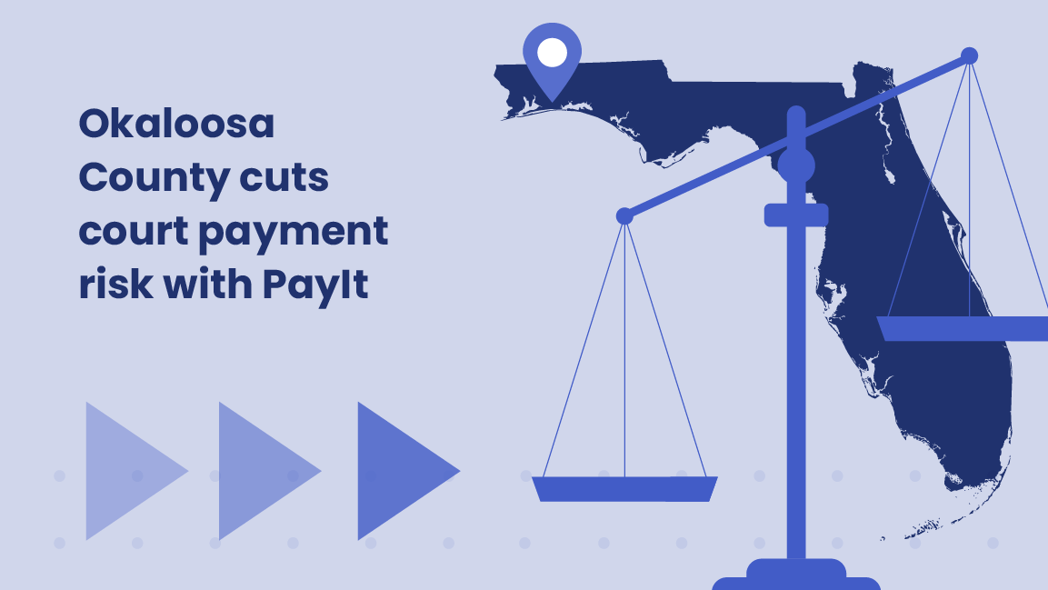 Map of Florida highlighting Okaloosa County with a scale icon, illustrating the PayIt court payment case study