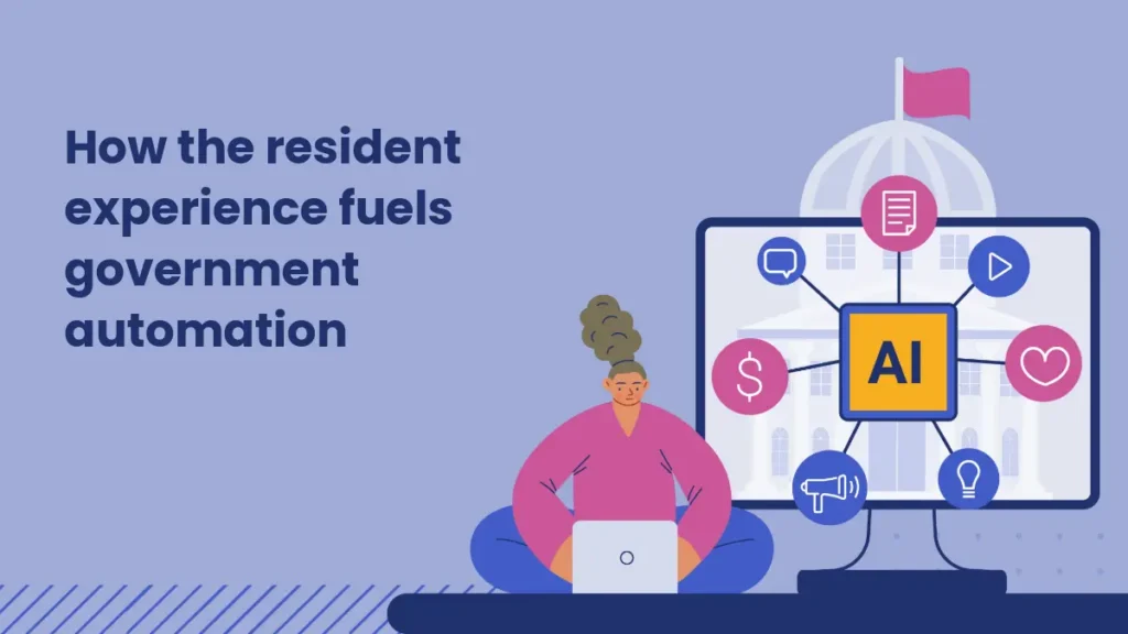 Illustration of a person using a laptop next to a screen showing AI connected to government and resident engagement icons.