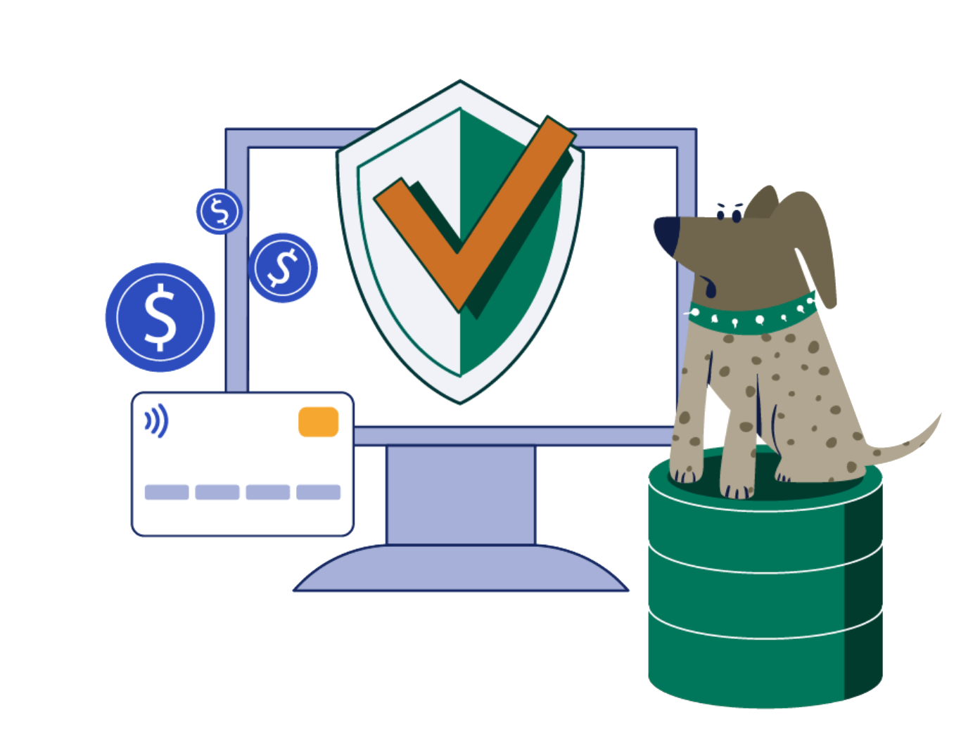 Illustration of a monitor with a green verification shield, contactless card and coins, and a watchdog perched on a database stack