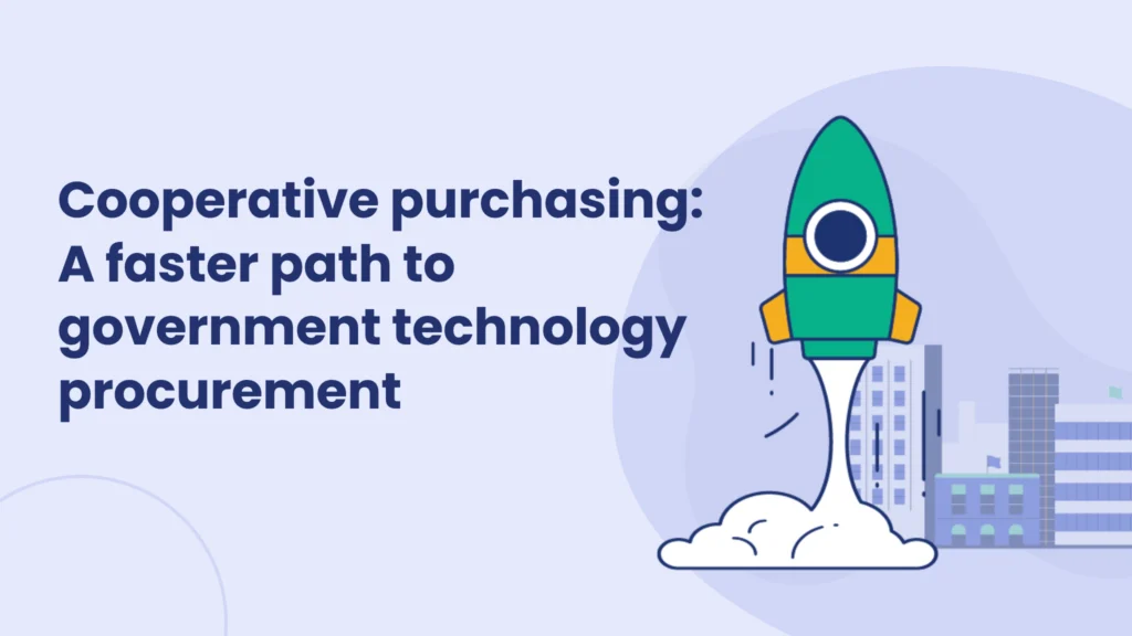 Illustration of a green rocket launching past government buildings, next to the headline "Cooperative purchasing: A faster path to government technology procurement."